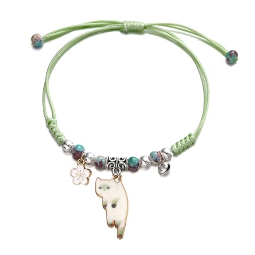 POYAMUSE Lovely Cat and Flower Strand Bracelet - Colorful Beads, Adjustable for Women - color: Siamese green