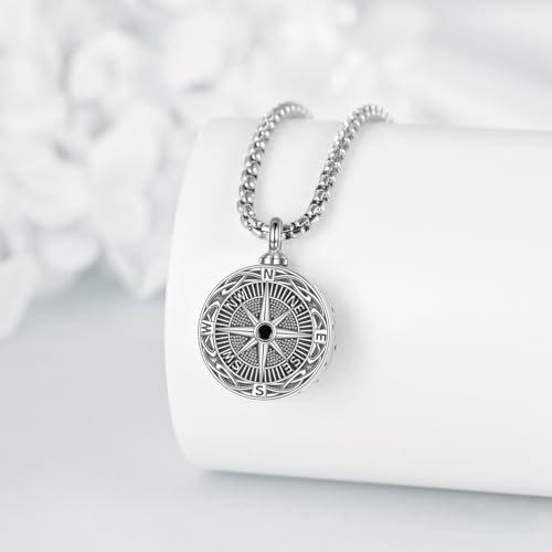 Cremation Urn Necklace for Ashes 925 Sterling Silver Moon Phase/Tree of Life/Hummingbird/Moss Agate/Opal/Compass/Mountain/Butterfly/Turquoise/Sunflower/Dragonfly/Cross Pendant Necklace Cremation Memorial Keepsake Urn Jewelry for Women Men - style: Compass
