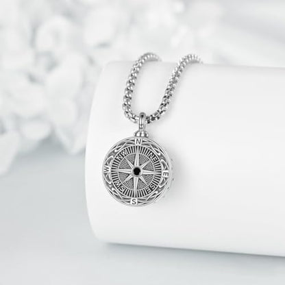 Cremation Urn Necklace for Ashes 925 Sterling Silver Moon Phase/Tree of Life/Hummingbird/Moss Agate/Opal/Compass/Mountain/Butterfly/Turquoise/Sunflower/Dragonfly/Cross Pendant Necklace Cremation Memorial Keepsake Urn Jewelry for Women Men - style: Compass