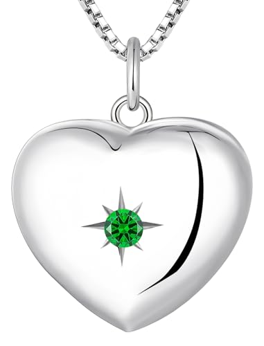 YL Heart Locket Picture Necklace Sterling Silver Personalized Photo Pendant Birthstone Jewelry for Women - color: 05-emerald-May