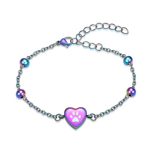 zeqingjw Pet Paw Urn Bracelet for Ashes Adjustable Heart Cremation Bracelet for Pets Ashes Stainless Steel Dog Cat Cremation Jewelry Memorial Keepsake Gift - color: 1-Colorful