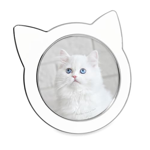 Isaac Jacobs 4x4 White w/Silver Round Enamel Cat Picture Frame w/Easel | Round Enamel Cat Picture Frame w/Ears - Tabletop, Home & Office Décor - color: White with Silver, size: 4x4
