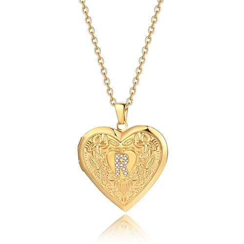 Badu Gold Initial A-Z Necklace for Women Heart Photo Lockets that Hold Picture Love Image Cubic Zirconia Necklace - color: R