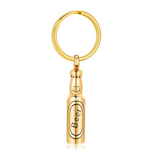 Beer Bottle Urn Necklace for Ashes Bar Cremation Jewelry for Women Men Stainless Steel Memorial Necklaces Ash Pendant for Human Pets Keepsake Jewelry for Loved Ones with Fill Tool - color: B-Keychain-Gold