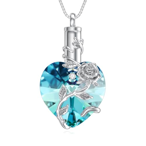 OCJ Heart Rose Flower Urn Necklace for Ashes Women Birthstone Cremation Necklaces Sterling Silver Memorial Cremation Jewelry Gifts - color: 12-Dec-Blue Topaz