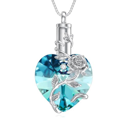 OCJ Heart Rose Flower Urn Necklace for Ashes Women Birthstone Cremation Necklaces Sterling Silver Memorial Cremation Jewelry Gifts - color: 12-Dec-Blue Topaz