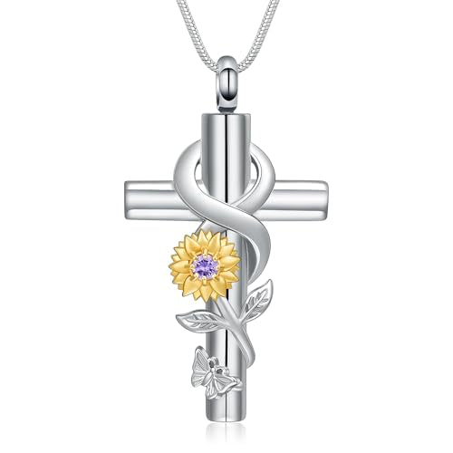 Cross Sunflower Cremation Jewelry Urn Necklaces Cross Urn Pendant Necklaces for Ashes Memorial Keepsake Pendant for Women Men Gifts With Funnel Kit & Bag - color: Gold+Purple