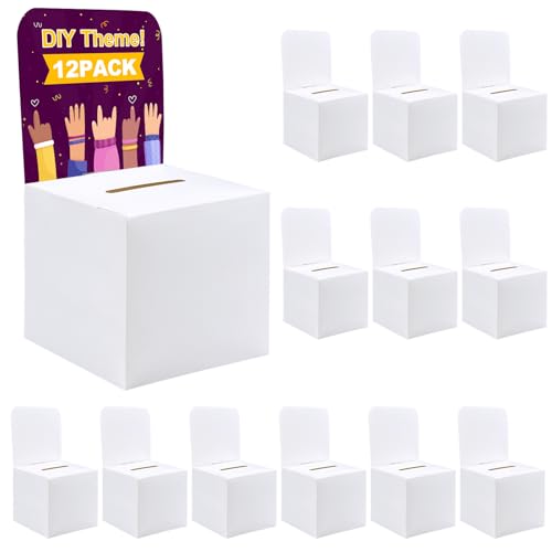 12 Pack Suggestion box，Raffle boxes with slot，Donation boxes for fundraising，White cardboard boxes6.5x4.5x4.5Inch，Ballot box with slot，For Collecting Business Card Voting Contest