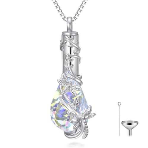 Butterfly/Dragonfly/Ladybug/Bee/Hummingbird Urn Necklace for Ashes Teardrop Crystal Keepsake Pendant Memorial Jewelry with Funnel Filler for Women - color: Dragonfly
