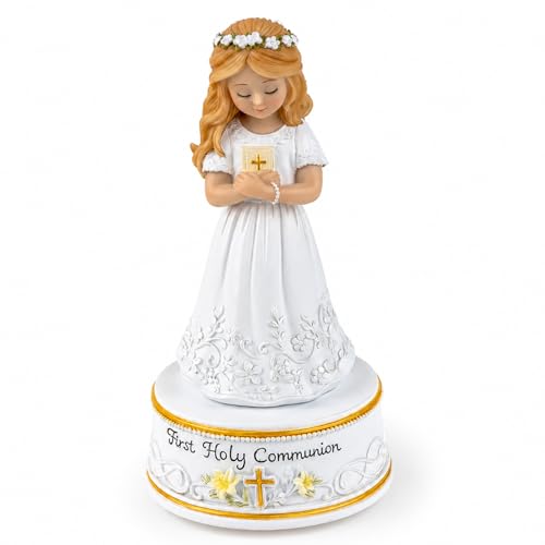 AIDLNS First Holy Communion Gifts for Girls, Plays The Lord's Prayer, Catholic Music Box Keepsake, Hand-Painted Resin White Dress Girl Figurine, Religious Collectible Decor