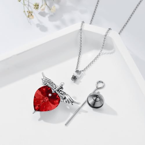 SOULMEET Memorial Wings Necklace for Ashes with Large Heart Crystal Birthstone, Angel Wings Urn Necklaces with Heart Shaped Birthstone Keepsake Silver Cremation Jewelry - style: A-January