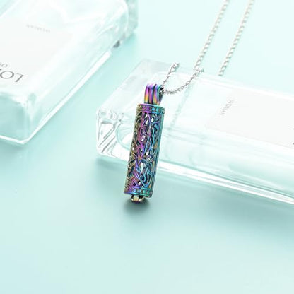 Tree of Life Urn Necklace for Women Men Cylinder Bar Memorial Ash Pendant | Tree of Life Cremation Jewelry,Stainless Steel Keepsakes Necklaces,Vial Ashes Pendant - color: Rainbow