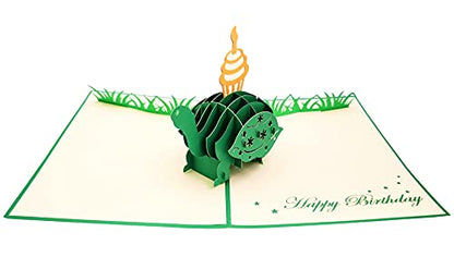 iGifts And Cards Happy Birthday Turtle 3D Pop-Up Card – Slow Smiles 5"x7" | Belated Tortoise With Cupcake, Cake & Candle, Animal Theme, Late Celebration, Playful Surprise, Friend, Boss, Daughter, Son - color: Turtle Cupcake