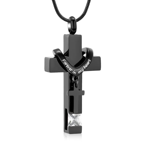 Cross Cremation Jewelry Urn Necklace for Human Ashes for Women Men Memorial Ashes Keepsake Birthstone Pendant - color: Black-White
