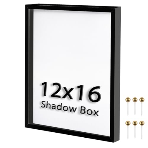 12x16 Large Shadow Box Frame | Soft Linen Back & Push Pins Included, Polystyrene Glass Memory Display Case for Flowers, Tickets & Cherished 3D Items, Black - color: Black, size: 12x16