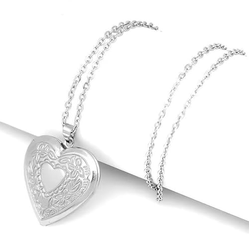 Gold Locket Necklace for Women, Vinatge Heart Oval Butterfly Angel Engraved Pendant that Holds Picture Photo Locket Memorial Necklace Personalized Jewelry Birthday Gifts - color: Heart/Silver