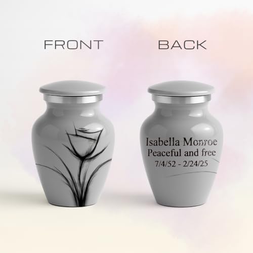 Custom Gray Flower Mini Urn – Personalized Text – Small 3" Keepsake Cremation Urn for Human Ashes – Drawn Tulip Design – Velvet Bag, Box & Funnel – Made in USA - color: Customized Gray, size: Small
