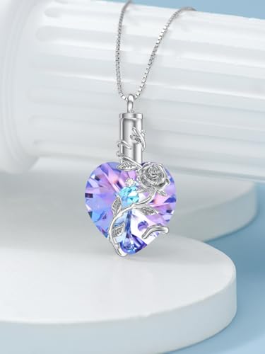 OCJ Heart Rose Flower Urn Necklace for Ashes Women Birthstone Cremation Necklaces Sterling Silver Memorial Cremation Jewelry Gifts - color: 02-Feb-Amethyst