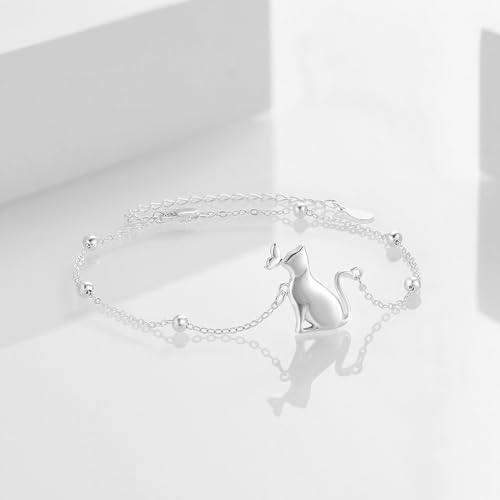 LONAGO Cat Bracelet Sterling Silver Cat Chain Bracelet Gift for Women - color: Silver Cat