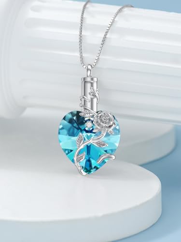 OCJ Heart Rose Flower Urn Necklace for Ashes Women Birthstone Cremation Necklaces Sterling Silver Memorial Cremation Jewelry Gifts - color: 12-Dec-Blue Topaz