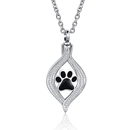 Dog Cat Black Paw Print Urn Necklace for Ashes Pet Cremation Stainless Steel Memorial Keepsake Chain Pendant for Women Men Grandma Mom Sister