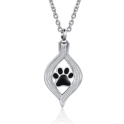 Pet Cat Dog Paw Print Urn Necklace for Ashes Animal Cremation Funeral Keepsake Stainless Steel Urn Necklace Pendant Memorial Jewellery (YQ-NY-URN-024)