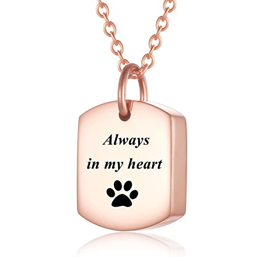 Stainless Steel Square Cremation Dog Tag Urn Necklace for Ashes — Pet Memorial Keepsake Jewelry for Dogs & Cats, Paw Print and Tree of Life Pendant for Women Men, Sympathy Bereavement Gift - color: Rose Gold-2