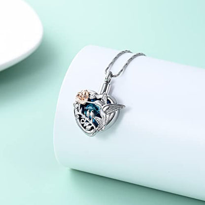 Yinplsmemory Hummingbird Cremation Jewelry Crystal Heart Urn Ashes Necklace for Women Men Memorial Keepsake Necklace of Loved One - color: Blue-Rose gold
