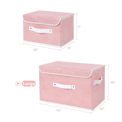 ANMINY Fabric Storage Box Bins with Lids, Rose Print, Pink, 4PCS Large | Keepsake Memory Storage, Nonwoven Fabric, PP Board Frame, Washable, PU Handles, Foldable Stackable, Decorative, 15"x10"x10" - size: Large (Pack of 4)