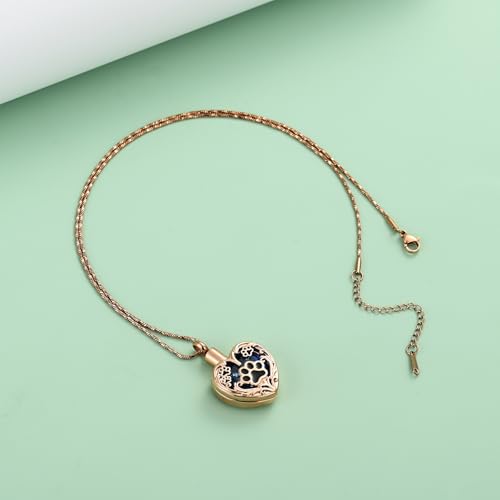 Yinplsmemory Pet Urn Necklace Pendant Jewelry for Dog Cat Memorial Crystal Heart Cremation Jewelry with Paw Print Ashes Keepsake Funeral Jewelry - color: Rose gold-blue