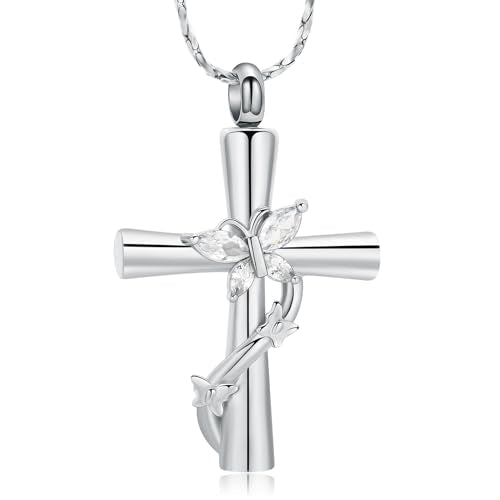 Butterfly Cross Urn Necklace for Ashes Crystal Butterfly Cremation Jewelry Ashes Pendant for Women Men Memorial Keepsake Jewelry for Human shes of Loved Ones - color: Silver&White