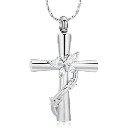 Butterfly Cross Urn Necklace for Ashes Birthstone Cremation Jewelry for Men Women Ashes Pendant Keepsake Memorial Ash Jewelry - color: Silver-White