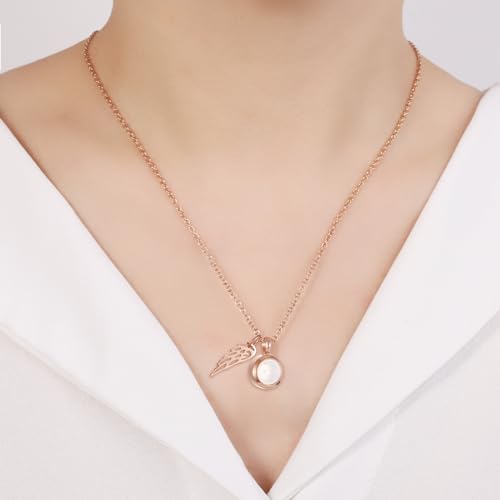 Tiny Glass Round Cremation Urn Necklace For Ashes For Women With Angel Wing Stainless Steel Memorial Locket Necklace Keepsake Jewelry - color: Rose Gold