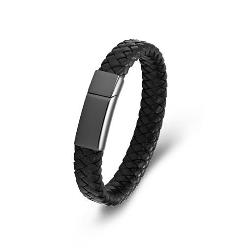Cremation Jewelry Urn Bracelet for Ashes Men's Braided Genuine Leather Stainless Steel Memorial Cuff Bangle Braided Wristband Bracelet Keepsake Jewelry for Loved Ones with Fill Tool - color: B-Black 22cm/8.66"