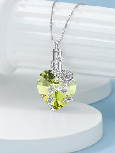 OCJ Heart Rose Flower Urn Necklace for Ashes Women Birthstone Cremation Necklaces Sterling Silver Memorial Cremation Jewelry Gifts - color: 08-Aug-Peridot