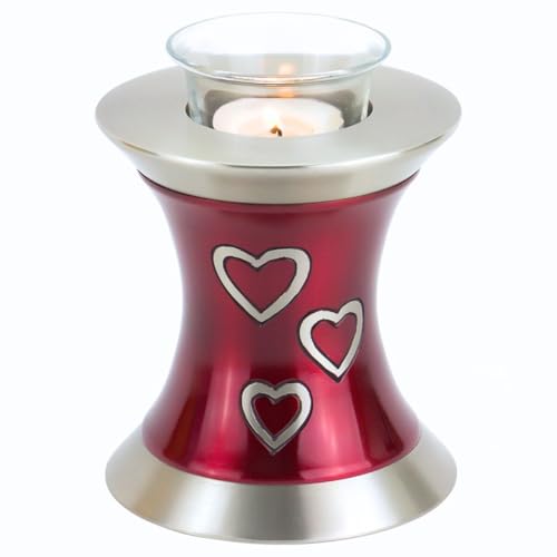 Loving Hearts Tealight Cremation Urn for Ashes, Brass Memorial Candle Urn, Red Urn, Extra Small Sized Cremation Urn, 5.5 Inches High - color: Red