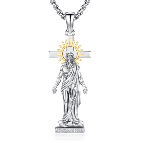 Crucifix Necklace for Men 925 Sterling Silver Jesus Cross Necklace Crucifix Cross Pendant Protection Jewelry for Men Women - style: B03-Hanging Cross-Sun