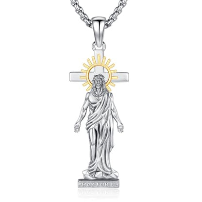 Crucifix Necklace for Men 925 Sterling Silver Jesus Cross Necklace Crucifix Cross Pendant Protection Jewelry for Men Women - style: B03-Hanging Cross-Sun