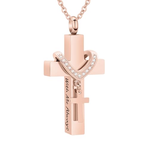 Cremation Jewelry for Ashes Pendant - Cross Urn Necklace with Mini Keepsake Urn Memorial Ashes Jewelry - With Me Always - color: Rose Gold-With Me Always