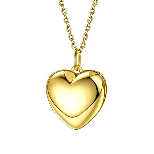 Bestyle Sterling Silver Heart Locket Necklace for Women, Dainty Cute Small Heart Locket Pendant in Gold/Rose Gold/Silver, Love Statement Jewelry Gift for Mother Wife - color: A0. Plain Bold Heart-Gold-Locket Only, NO Custom