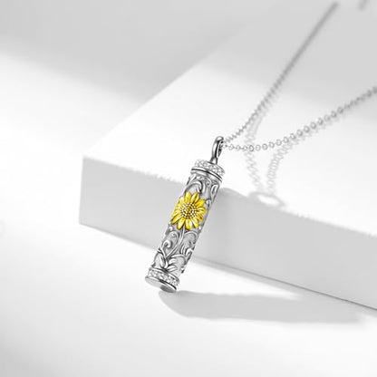 Sterling Silver Flower Tree Life Cremation Urn Necklace for Women - color: Cylin *Sunfl. 1 (Zir GP)