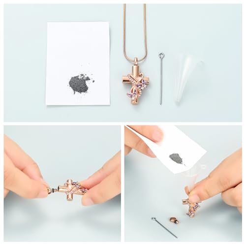 Imrsanl Butterfly Cross Urn Necklace for Ashes Men Women Cremation Jewelry Ashes Pendant for Human Memorial Ash Jewelry - color: Rose Purple