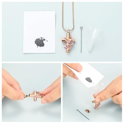 Imrsanl Butterfly Cross Urn Necklace for Ashes Men Women Cremation Jewelry Ashes Pendant for Human Memorial Ash Jewelry - color: Rose Purple