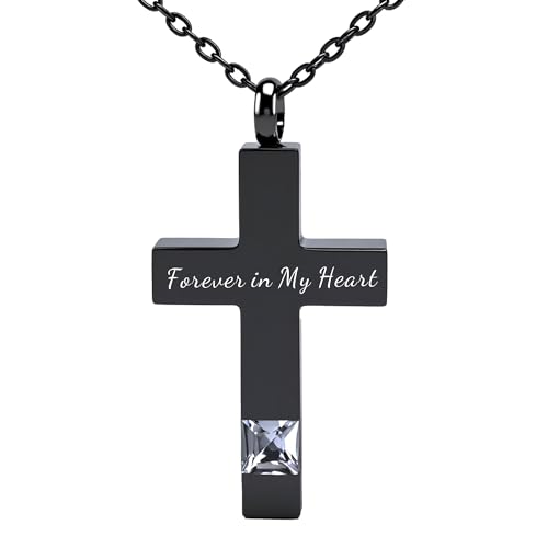 Cross Urn Necklace for Ashes Birthstone Cremation Jewelry Keepsake Pendant for Women Men with Funnel Filler Kit Memorial Gifts for Human Pet Forever in my heart - color: Black White