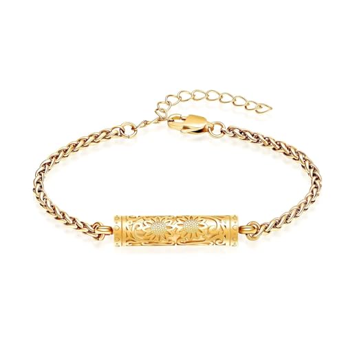 zeqingjw Sunflower Cylinder Cremation Urn Bracelet for Ashes Stainless Steel Memorial Jewelry Loved Ones Ashes Holder Keepsake Bangle for Women - color: Cylinder--Gold