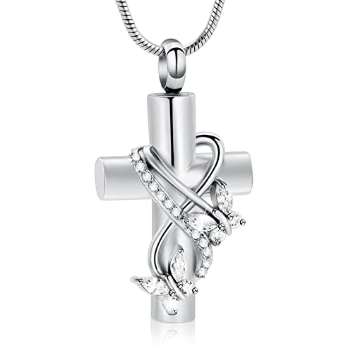 Imrsanl Butterfly Cross Urn Necklace for Ashes Men Women Cremation Jewelry Ashes Pendant for Human Memorial Ash Jewelry - color: Silver