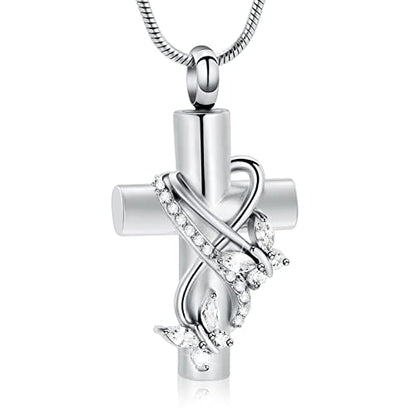 Imrsanl Butterfly Cross Urn Necklace for Ashes Men Women Cremation Jewelry Ashes Pendant for Human Memorial Ash Jewelry - color: Silver