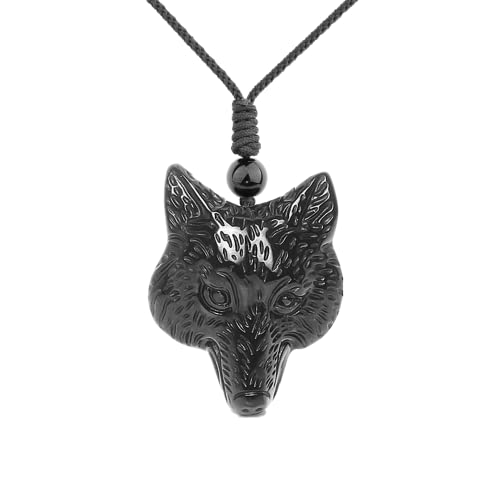 ASGIFT Black Obsidian Necklace Healing Crystal Stone Amulet Protection Pendant with Adjustable Rope Necklace Birthday Christmas Gift for Men Women - color: Wolf C