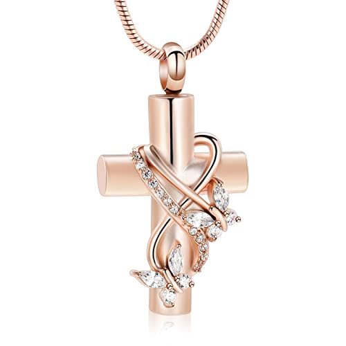 Imrsanl Butterfly Cross Urn Necklace for Ashes Men Women Cremation Jewelry Ashes Pendant for Human Memorial Ash Jewelry - color: Rose Gold