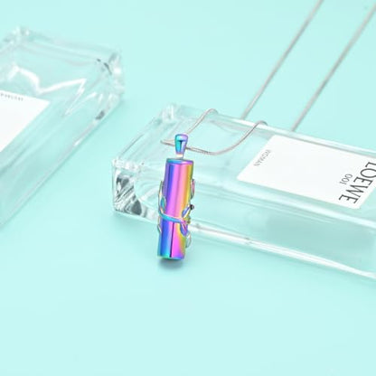 Cylinder Urn Necklace for Ashes Roseflower Cremation Jewelry Urn Ashes Necklace for Women Men Memorial Keepsake Necklace of Loved One - color: Rainbow